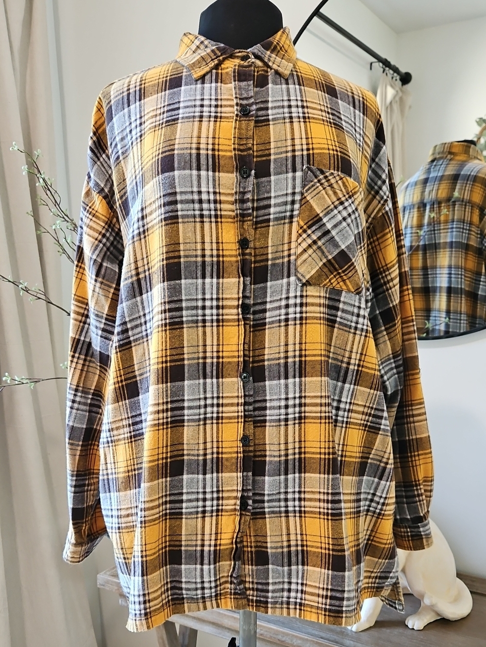 Yellow Plaid Button-Front Women's Shirt